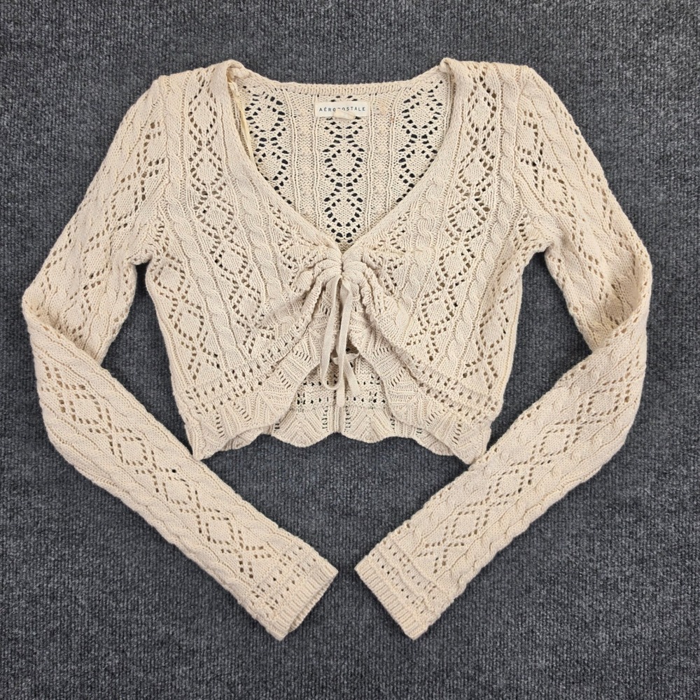 Aeropostale Crochet Knit Cardigan Top Women's XS Cream Long Sleeve Tie Front Y2K